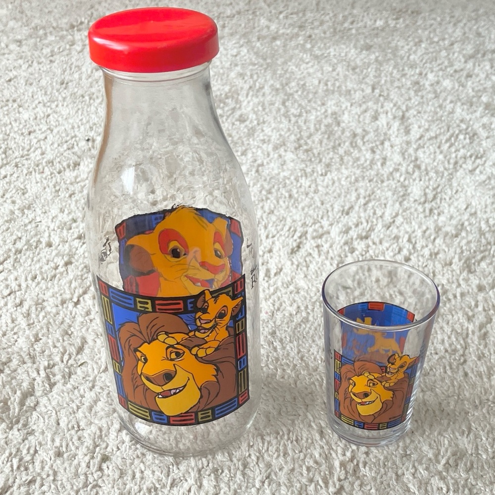1990’s Vintage Lion King Themed Glass Carafe Bottle and Cup Set